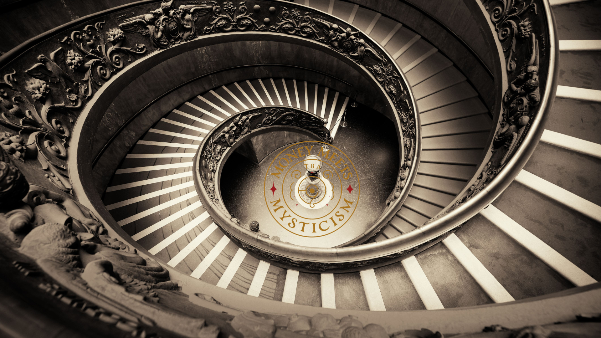 A carved stone spiral staircase in sepia, winding down toward the studio&rsquo;s seal.