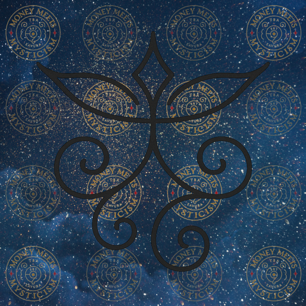 Winged sigil in black linework set over a deep blue starfield with repeating gold seals.
