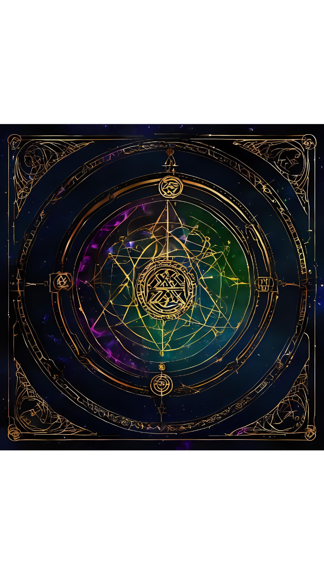 An unrolled parchment scroll bearing a geometric sigil, surrounded by candles and carved talismans on dark wood.