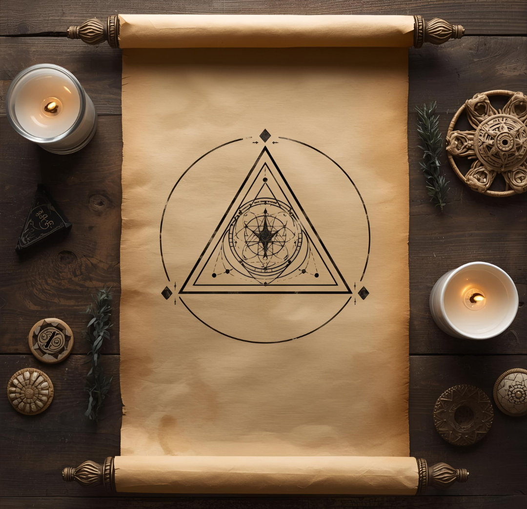 Parchment scroll study bearing an inked sigil, from the Symbolic Expressions collection.