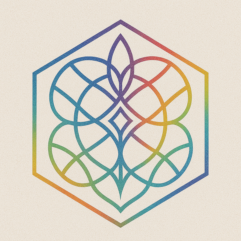 Sovereign Sigil — circular emblem with a central staff and symmetrical scrolling flourishes.