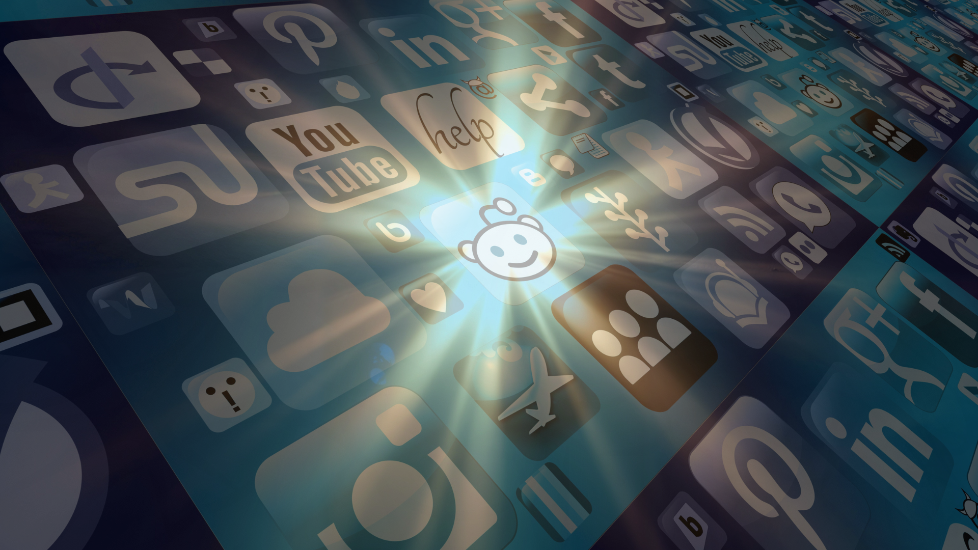 Social media channels displayed on screen.