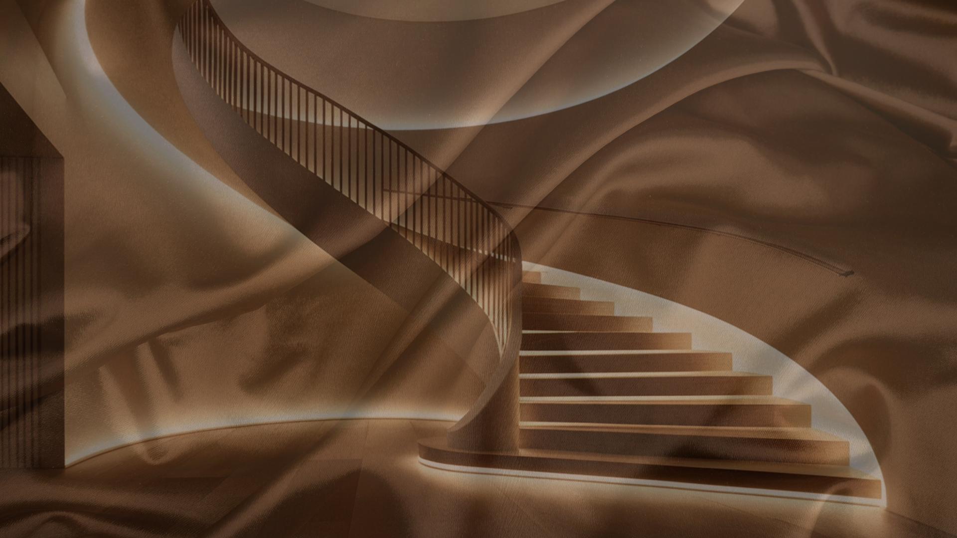 A bronze staircase curving through draped silk.