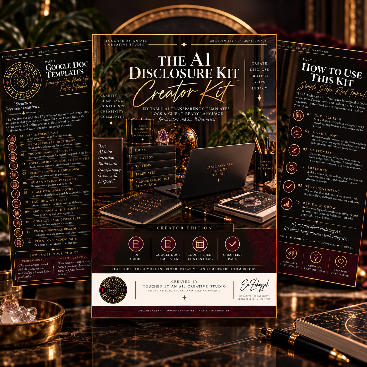 AI Disclosure Creator Kit promotional image featuring AI disclosure templates, editable resources, and client-ready language by Touched By Anjail.