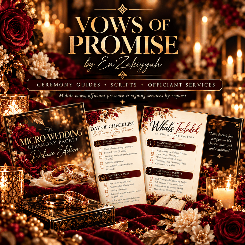 Vows of Promise by En’Zakiyyah ceremony guides, scripts and officiant services